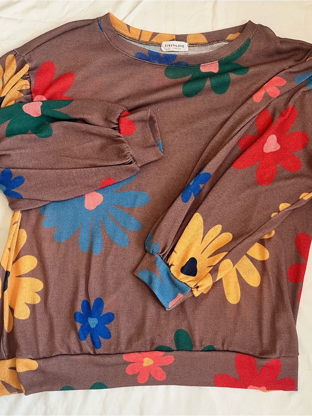 First Love Crewneck Sweater, long sleeved, women's size L Colorful autumn